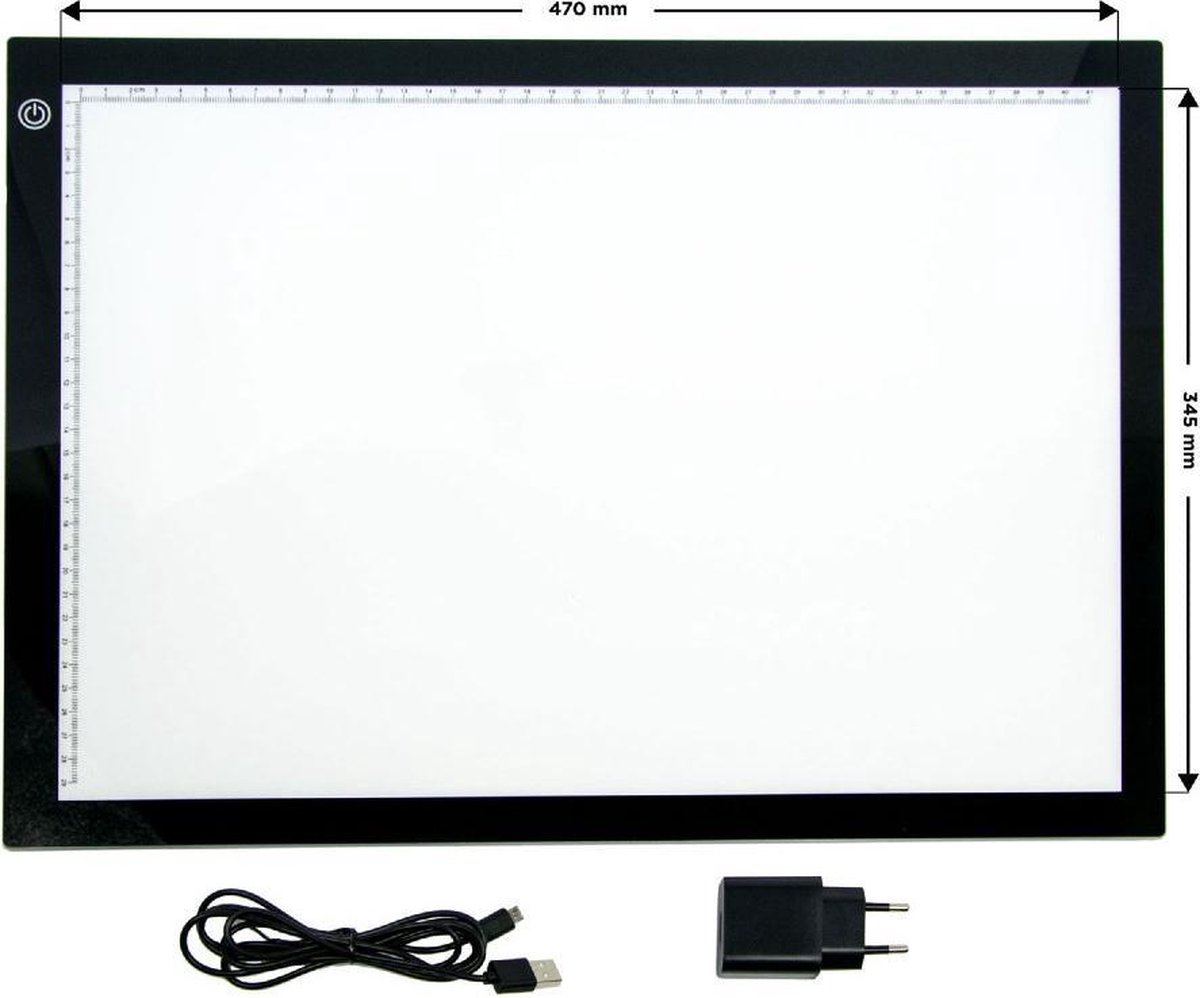 Lightpad a3 met 3 lichtstanden| tekenbord – tekenplaat – tekentafel – met liniaal – tekeborden – groot – xl – xxl – dimbaar – lightpads – USB + adapter